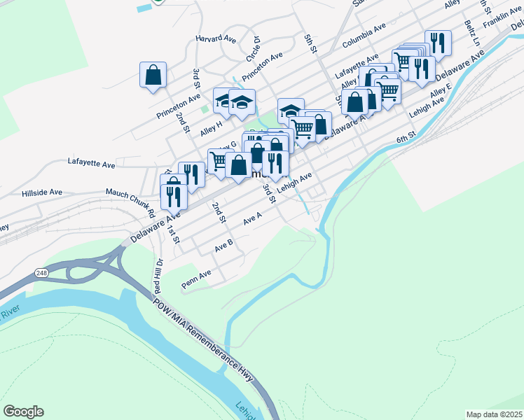 map of restaurants, bars, coffee shops, grocery stores, and more near 265 Avenue A in Palmerton