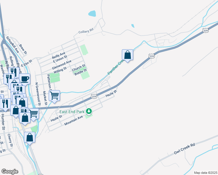 map of restaurants, bars, coffee shops, grocery stores, and more near 801 East Broad Street in Tamaqua