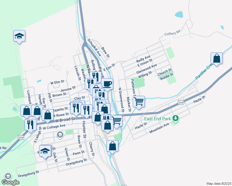 map of restaurants, bars, coffee shops, grocery stores, and more near 138 Schuylkill Avenue in Tamaqua
