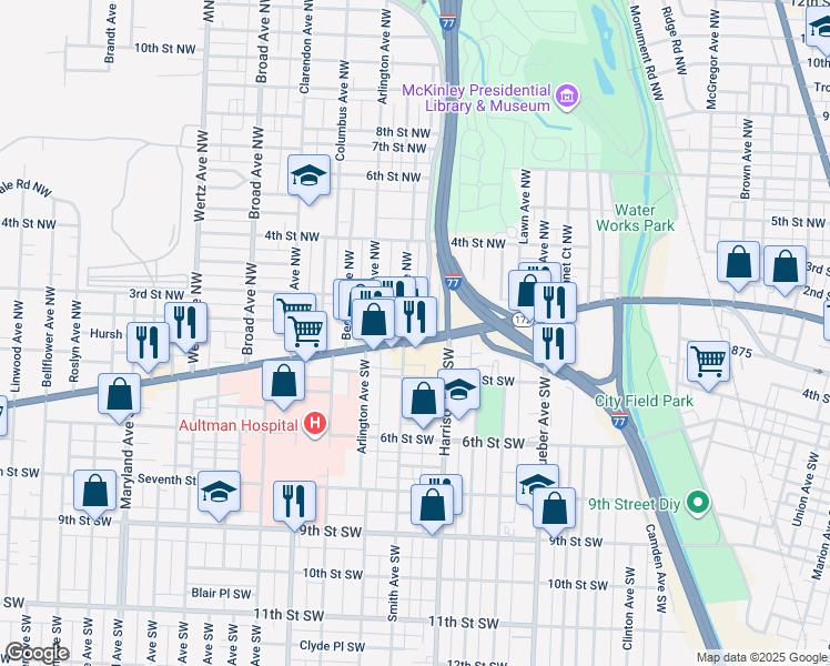 map of restaurants, bars, coffee shops, grocery stores, and more near 2237 Tuscarawas Street West in Canton