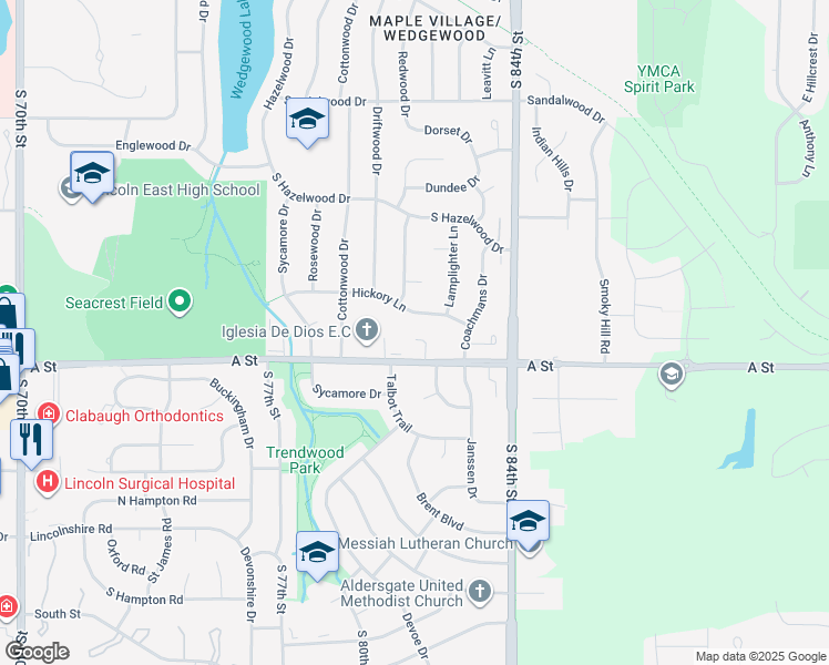 map of restaurants, bars, coffee shops, grocery stores, and more near 8042 A Street in Lincoln