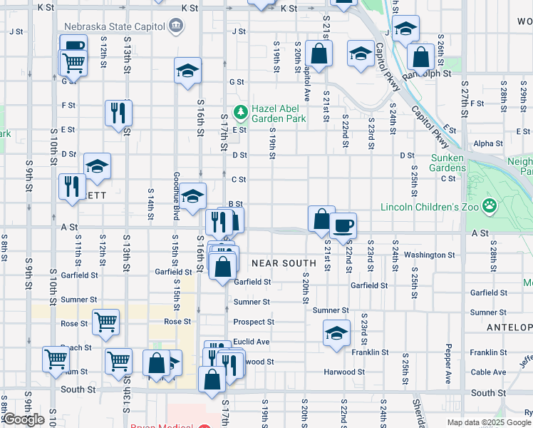 map of restaurants, bars, coffee shops, grocery stores, and more near 1827 B Street in Lincoln