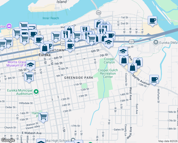 map of restaurants, bars, coffee shops, grocery stores, and more near 907 O Street in Eureka