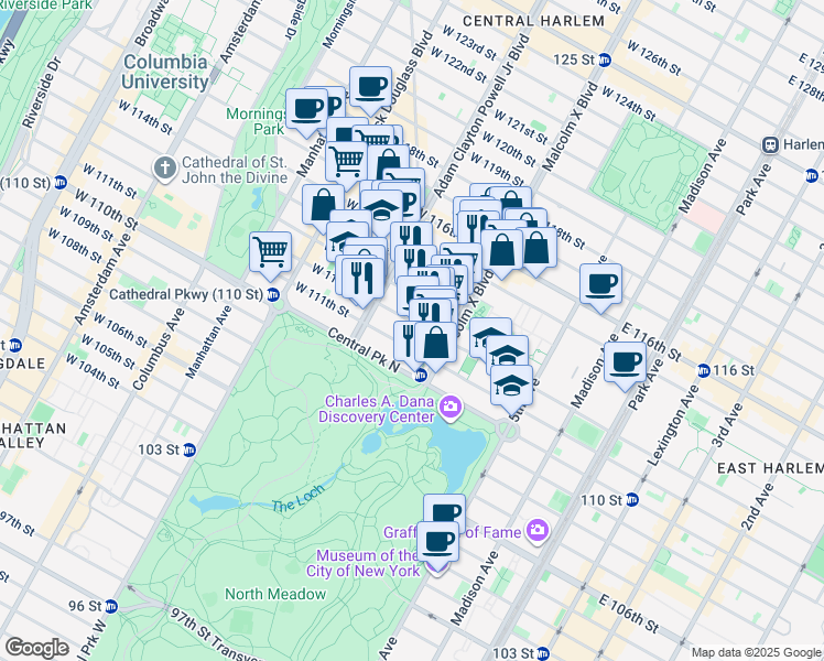 map of restaurants, bars, coffee shops, grocery stores, and more near 118 West 112th Street in New York