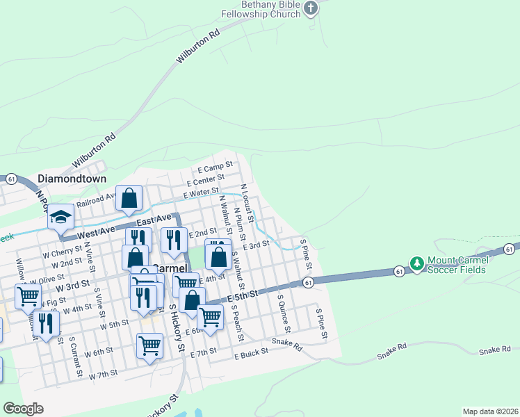 map of restaurants, bars, coffee shops, grocery stores, and more near 501 East Cherry Street in Mount Carmel