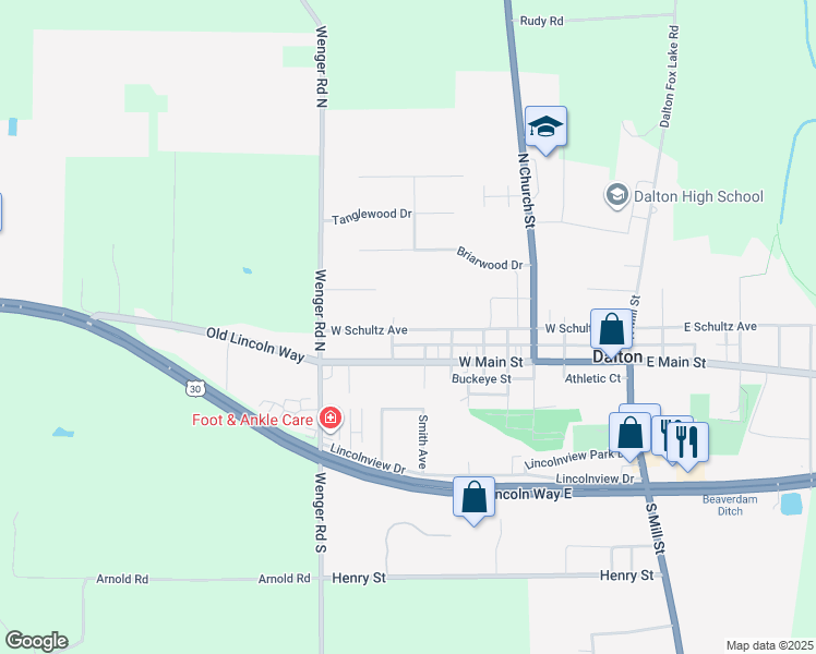 map of restaurants, bars, coffee shops, grocery stores, and more near 420 West Schultz Avenue in Dalton