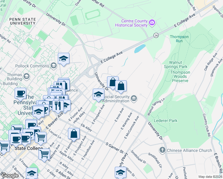 map of restaurants, bars, coffee shops, grocery stores, and more near 521 University Drive in State College