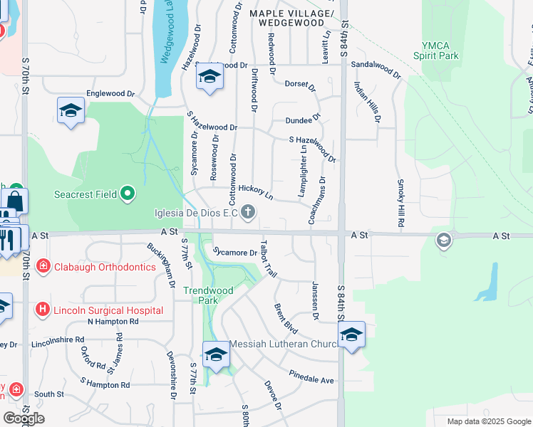 map of restaurants, bars, coffee shops, grocery stores, and more near 8042 A Street in Lincoln