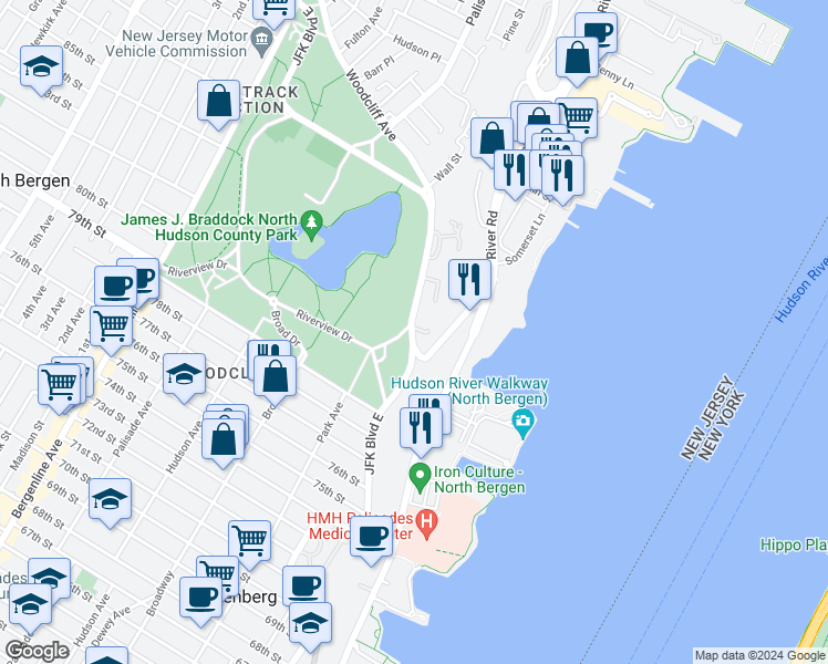 map of restaurants, bars, coffee shops, grocery stores, and more near in North Bergen