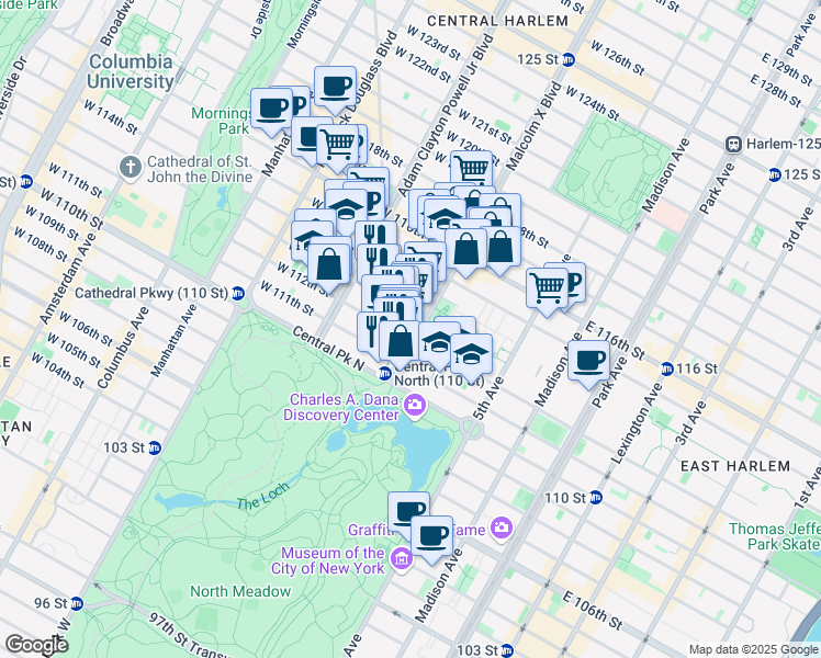 map of restaurants, bars, coffee shops, grocery stores, and more near 45 Lenox Avenue in New York