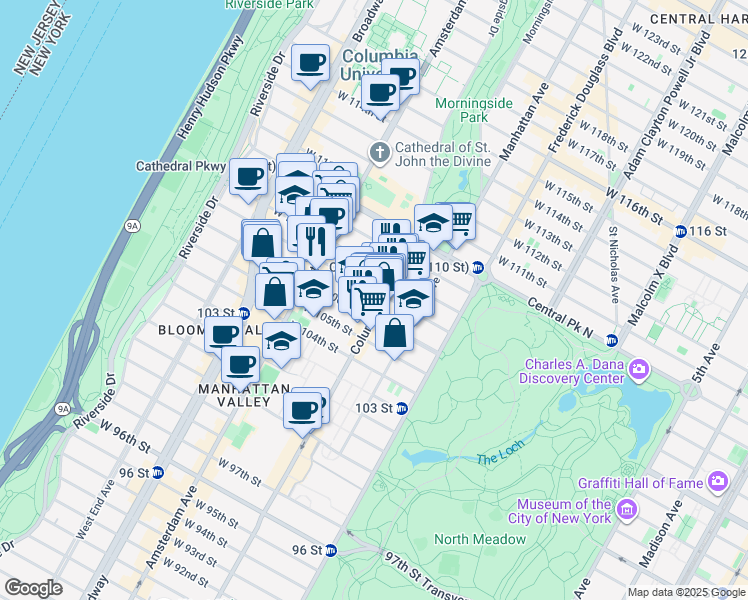 map of restaurants, bars, coffee shops, grocery stores, and more near 950 Columbus Avenue in New York