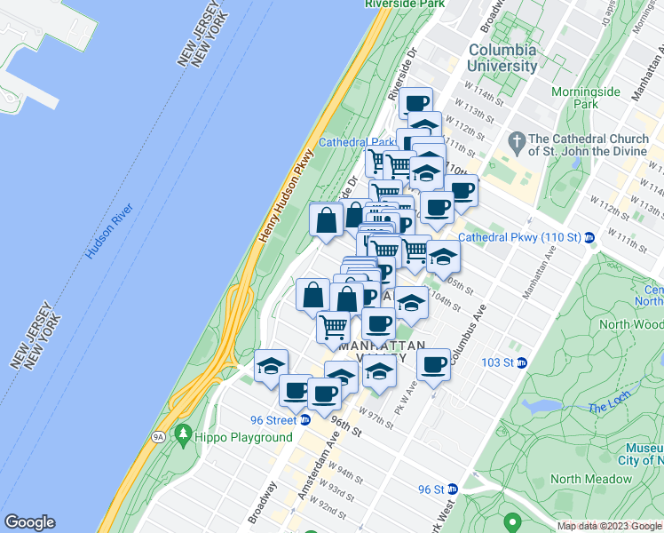 map of restaurants, bars, coffee shops, grocery stores, and more near 314 West 103rd Street in New York