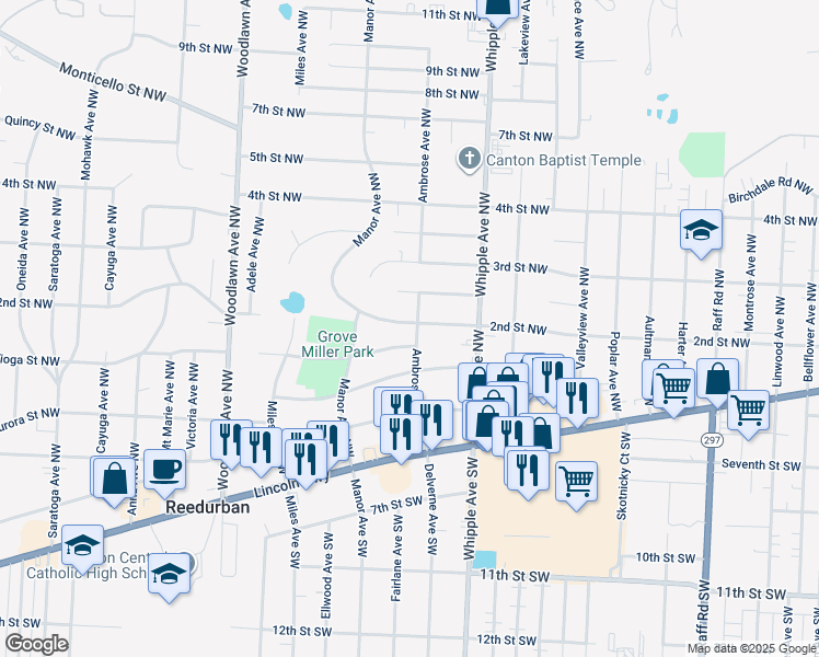 map of restaurants, bars, coffee shops, grocery stores, and more near 189 Ambrose Avenue Northwest in Canton