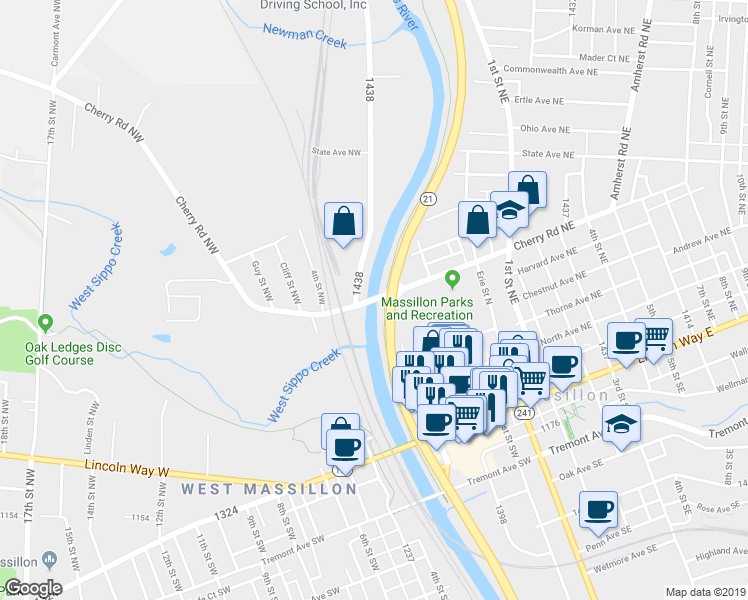 map of restaurants, bars, coffee shops, grocery stores, and more near 175 Cherry Road Northwest in Massillon