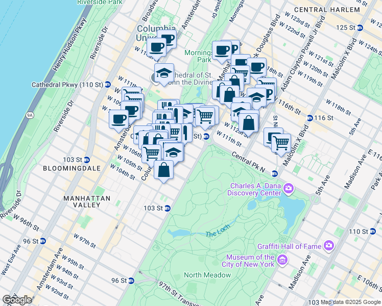 map of restaurants, bars, coffee shops, grocery stores, and more near 7 West 108th Street in New York