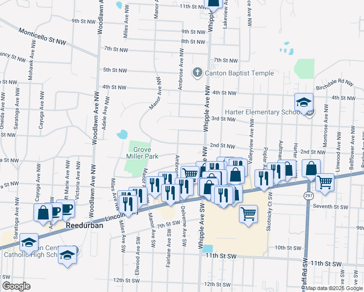 map of restaurants, bars, coffee shops, grocery stores, and more near 4441 2nd Street Northwest in Canton