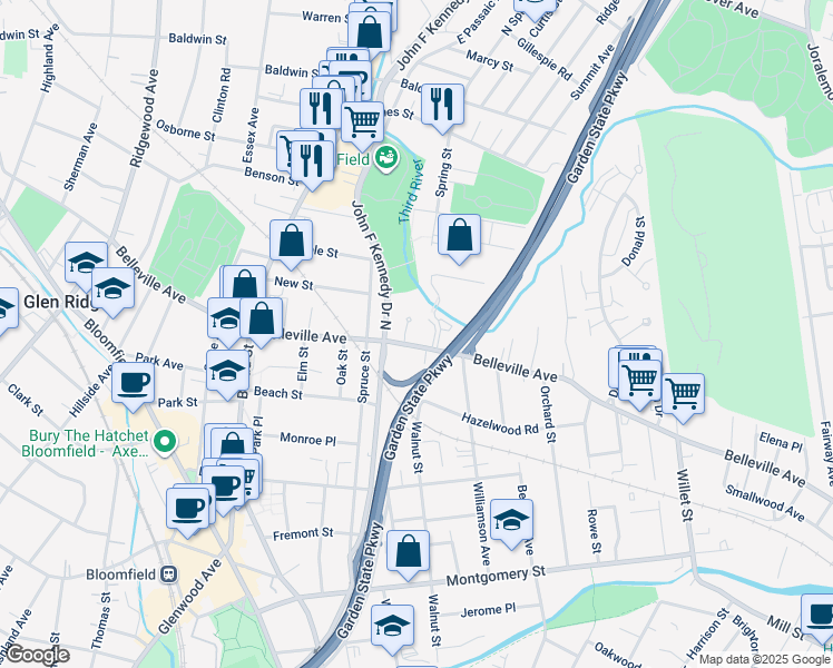 map of restaurants, bars, coffee shops, grocery stores, and more near 249 Belleville Avenue in Bloomfield
