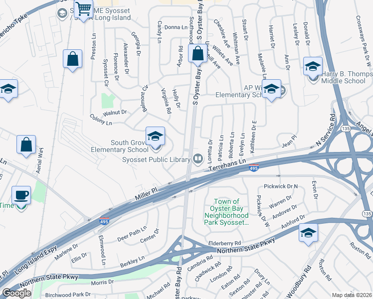 map of restaurants, bars, coffee shops, grocery stores, and more near 98 South Oyster Bay Road in Syosset