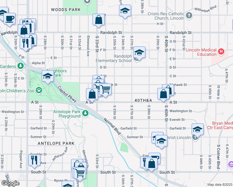 map of restaurants, bars, coffee shops, grocery stores, and more near in Lincoln