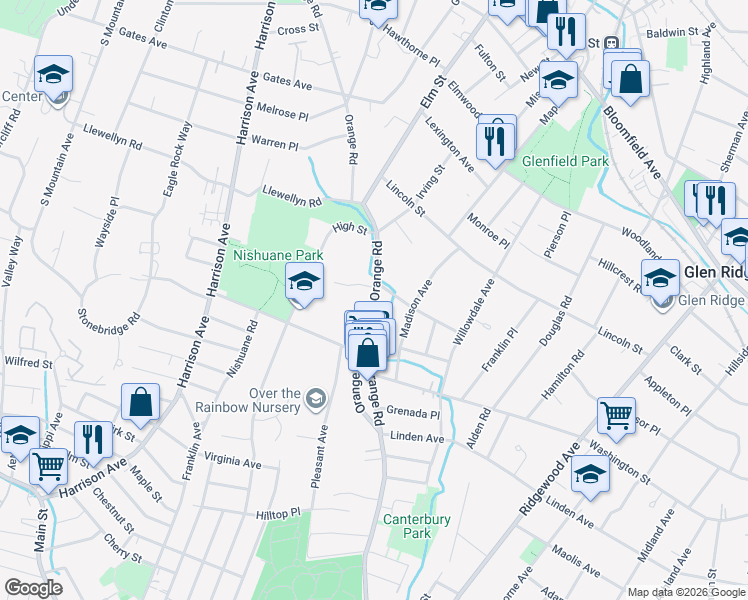 map of restaurants, bars, coffee shops, grocery stores, and more near 281 Orange Road in Montclair