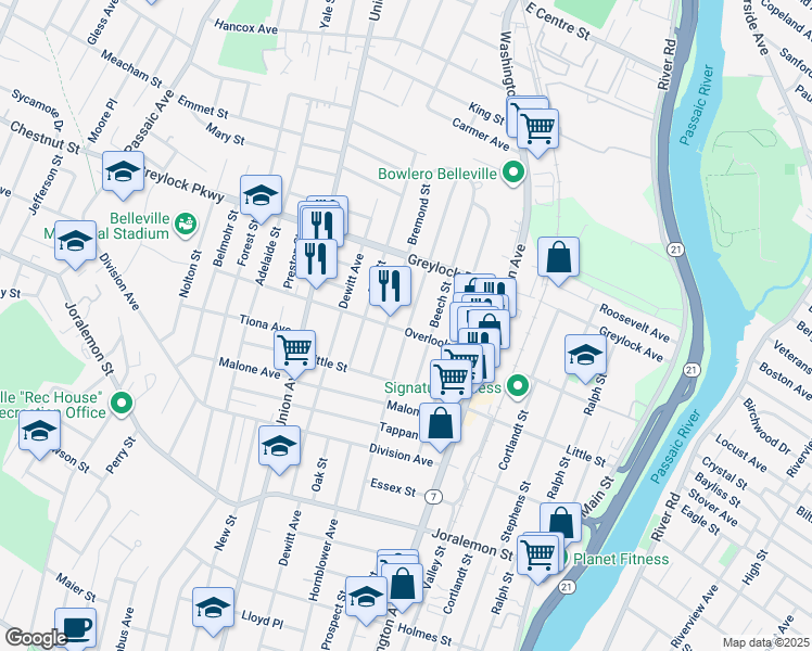 map of restaurants, bars, coffee shops, grocery stores, and more near 78 Overlook Avenue in Belleville