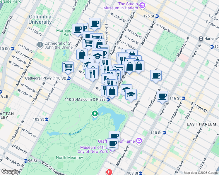 map of restaurants, bars, coffee shops, grocery stores, and more near 112 West 112th Street in New York