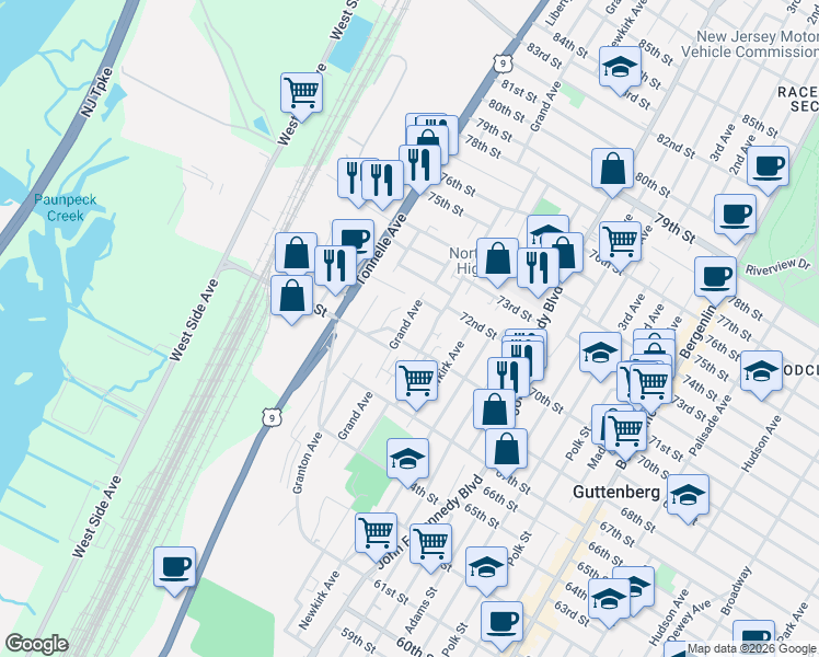 map of restaurants, bars, coffee shops, grocery stores, and more near 7010 Grand Avenue in North Bergen