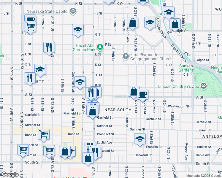 map of restaurants, bars, coffee shops, grocery stores, and more near 1317 South 19th Street in Lincoln