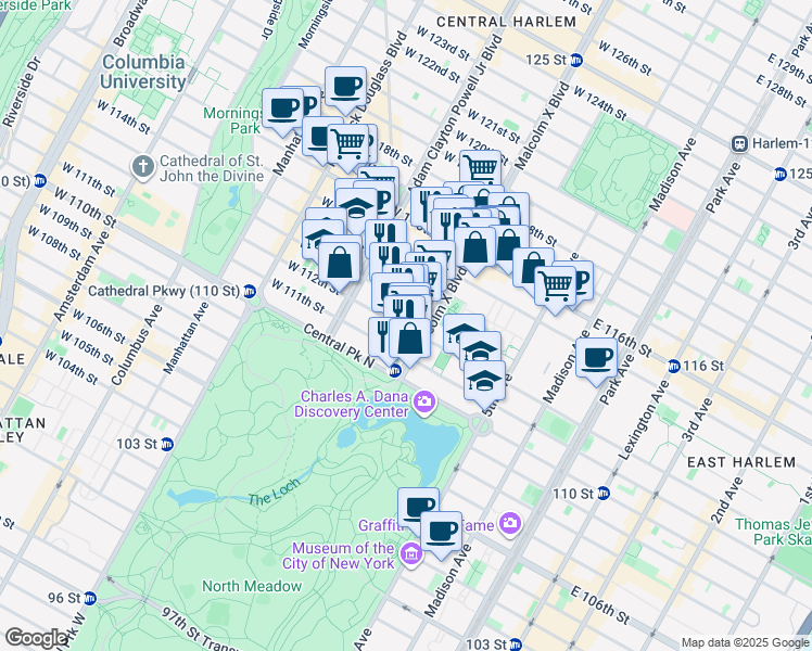 map of restaurants, bars, coffee shops, grocery stores, and more near 109 West 112th Street in New York