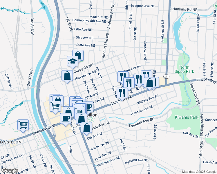 map of restaurants, bars, coffee shops, grocery stores, and more near 210 4th Street Northeast in Massillon
