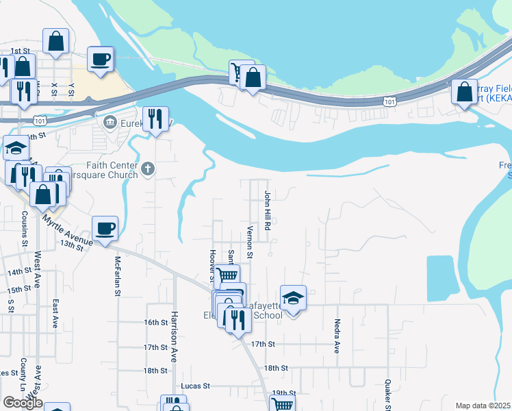 map of restaurants, bars, coffee shops, grocery stores, and more near 1120 John Hill Road in Eureka