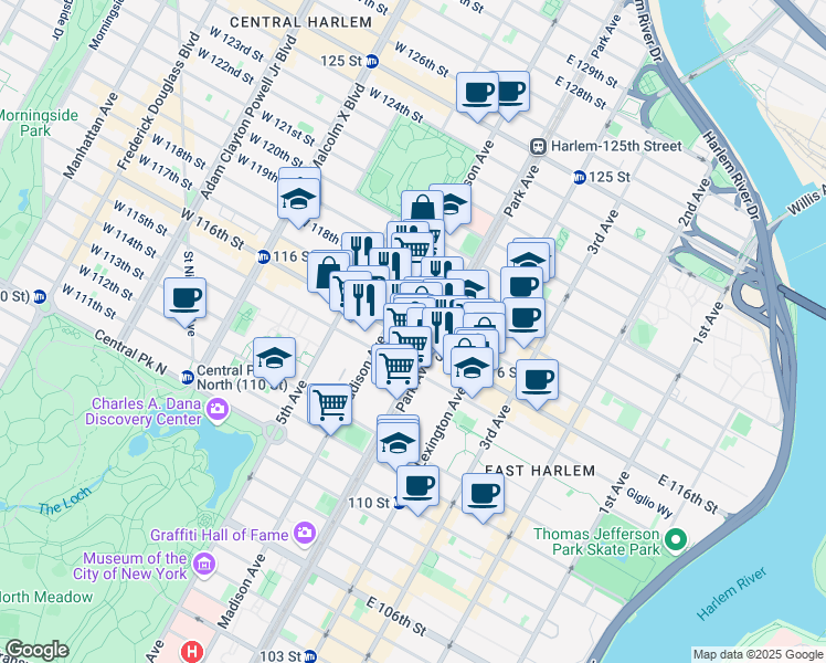 map of restaurants, bars, coffee shops, grocery stores, and more near 87 East 116th Street in New York