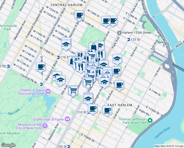 map of restaurants, bars, coffee shops, grocery stores, and more near 89 East 116th Street in New York