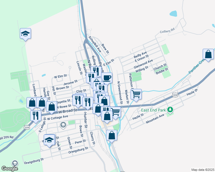 map of restaurants, bars, coffee shops, grocery stores, and more near 138 Schuylkill Avenue in Tamaqua