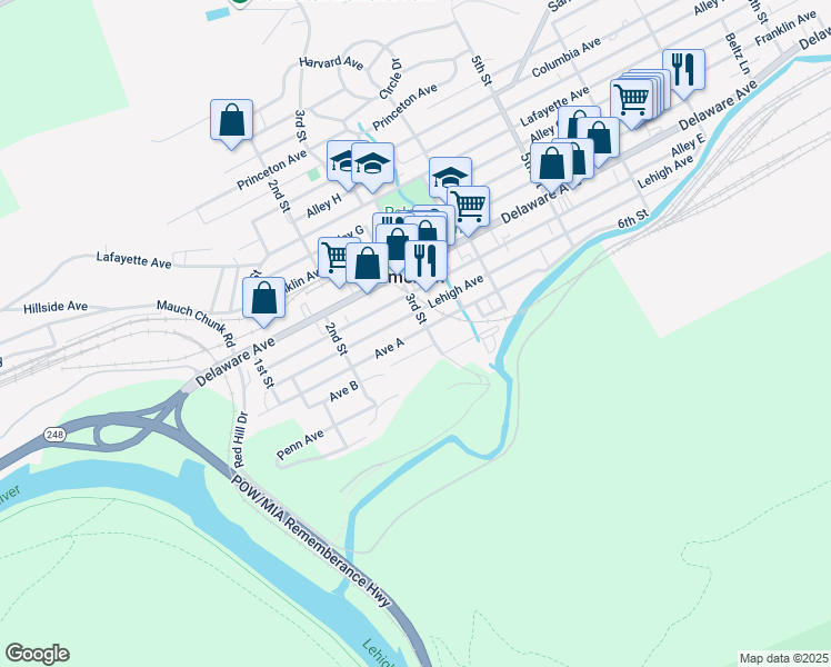map of restaurants, bars, coffee shops, grocery stores, and more near 284 Ave A in Palmerton