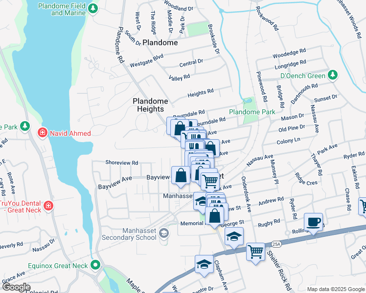 map of restaurants, bars, coffee shops, grocery stores, and more near 37 Colonial Parkway in Manhasset