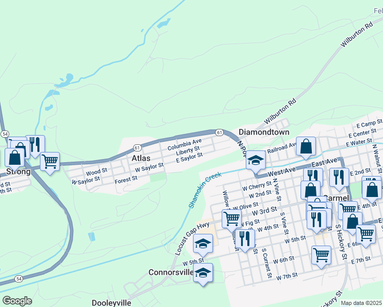 map of restaurants, bars, coffee shops, grocery stores, and more near 243 East Saylor Street in Mount Carmel