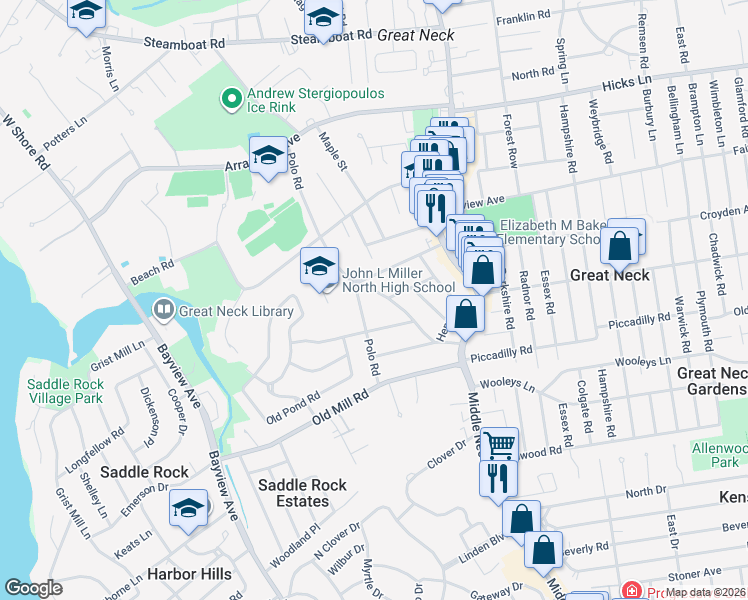 map of restaurants, bars, coffee shops, grocery stores, and more near 32 Nirvana Avenue in Great Neck