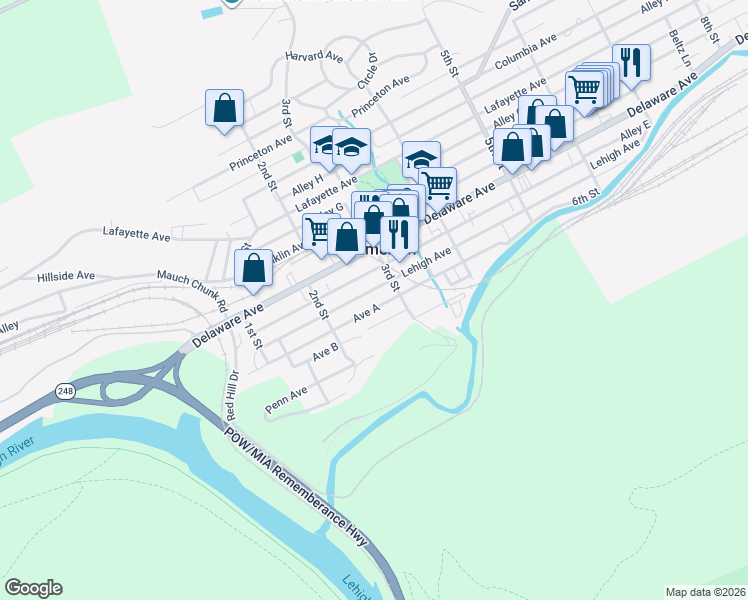 map of restaurants, bars, coffee shops, grocery stores, and more near 258 Lehigh Avenue in Palmerton