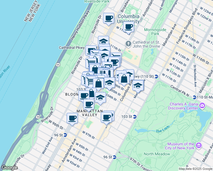 map of restaurants, bars, coffee shops, grocery stores, and more near 185 West 105th Street in New York