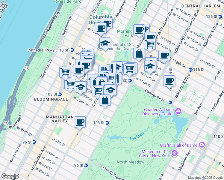 map of restaurants, bars, coffee shops, grocery stores, and more near 165 Manhattan Avenue in New York