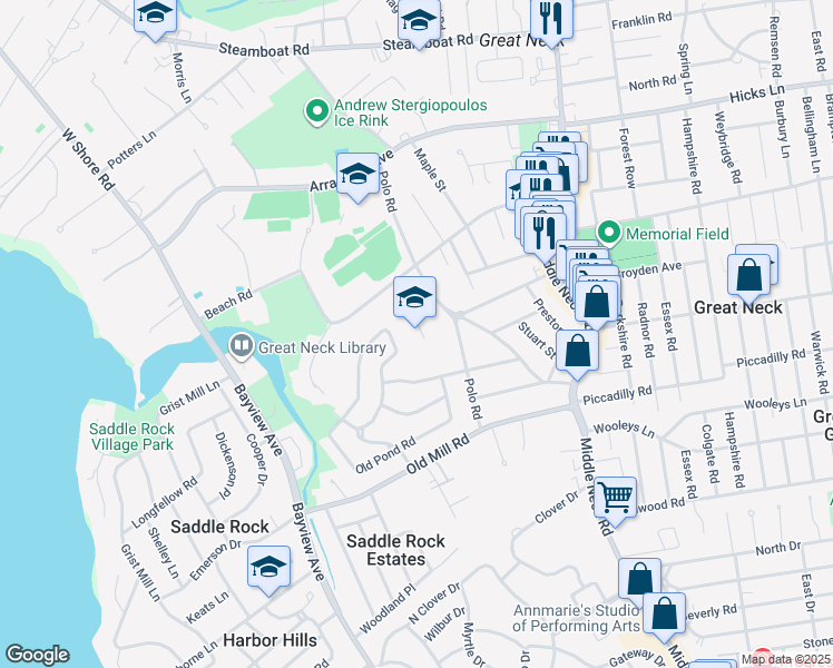 map of restaurants, bars, coffee shops, grocery stores, and more near 35 Polo Road in Great Neck