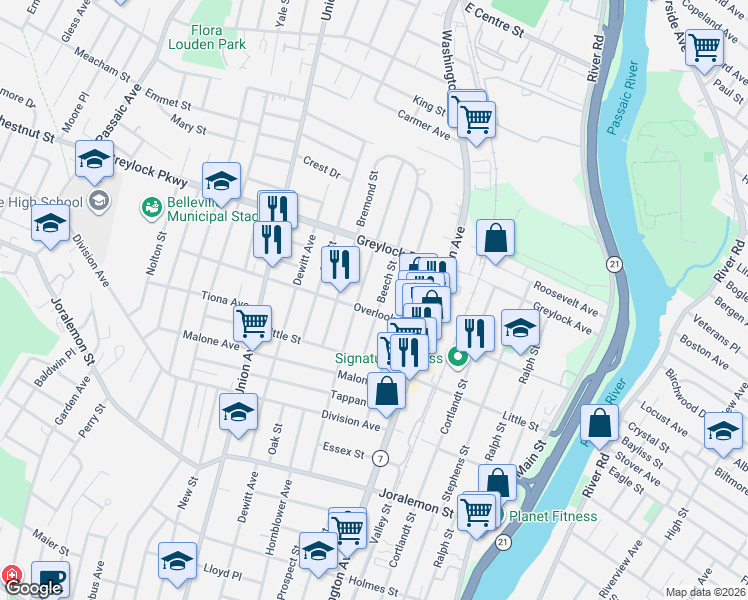map of restaurants, bars, coffee shops, grocery stores, and more near 60 Beech Street in Belleville