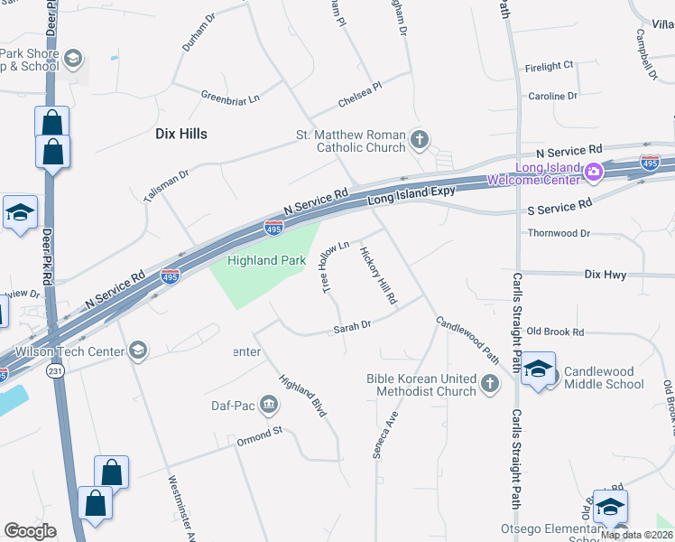 map of restaurants, bars, coffee shops, grocery stores, and more near 12 Tree Hollow Lane in Dix Hills