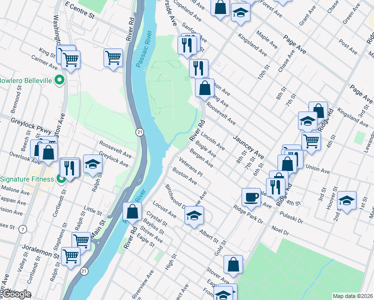 map of restaurants, bars, coffee shops, grocery stores, and more near 443 River Road in North Arlington