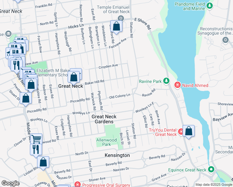 map of restaurants, bars, coffee shops, grocery stores, and more near 16 Old Colony Lane in Great Neck