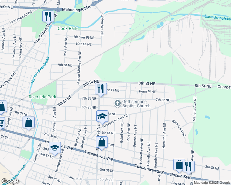 map of restaurants, bars, coffee shops, grocery stores, and more near 2160 Penn Place Northeast in Canton