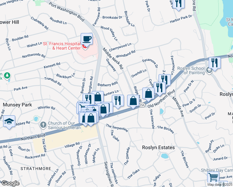 map of restaurants, bars, coffee shops, grocery stores, and more near 16 Hunters Lane in Roslyn