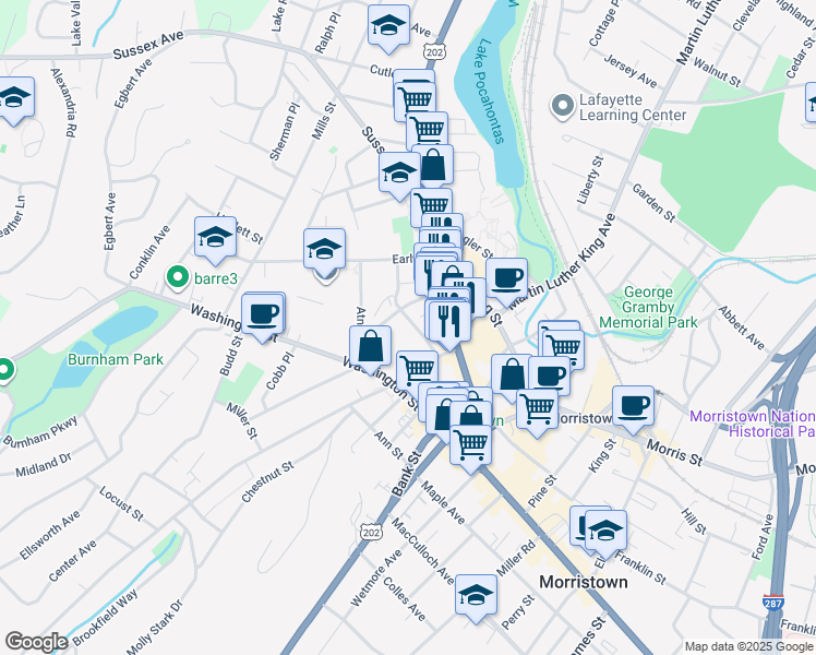 map of restaurants, bars, coffee shops, grocery stores, and more near 20 Prospect Street in Morristown