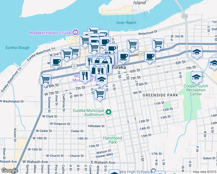 map of restaurants, bars, coffee shops, grocery stores, and more near 518 7th Street in Eureka